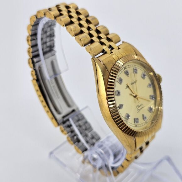 VTG Sergio Valente Watch 36MM Gold Dial Gold Bracelet Diamonds 7.5" NewBattery - Picture 3 of 15